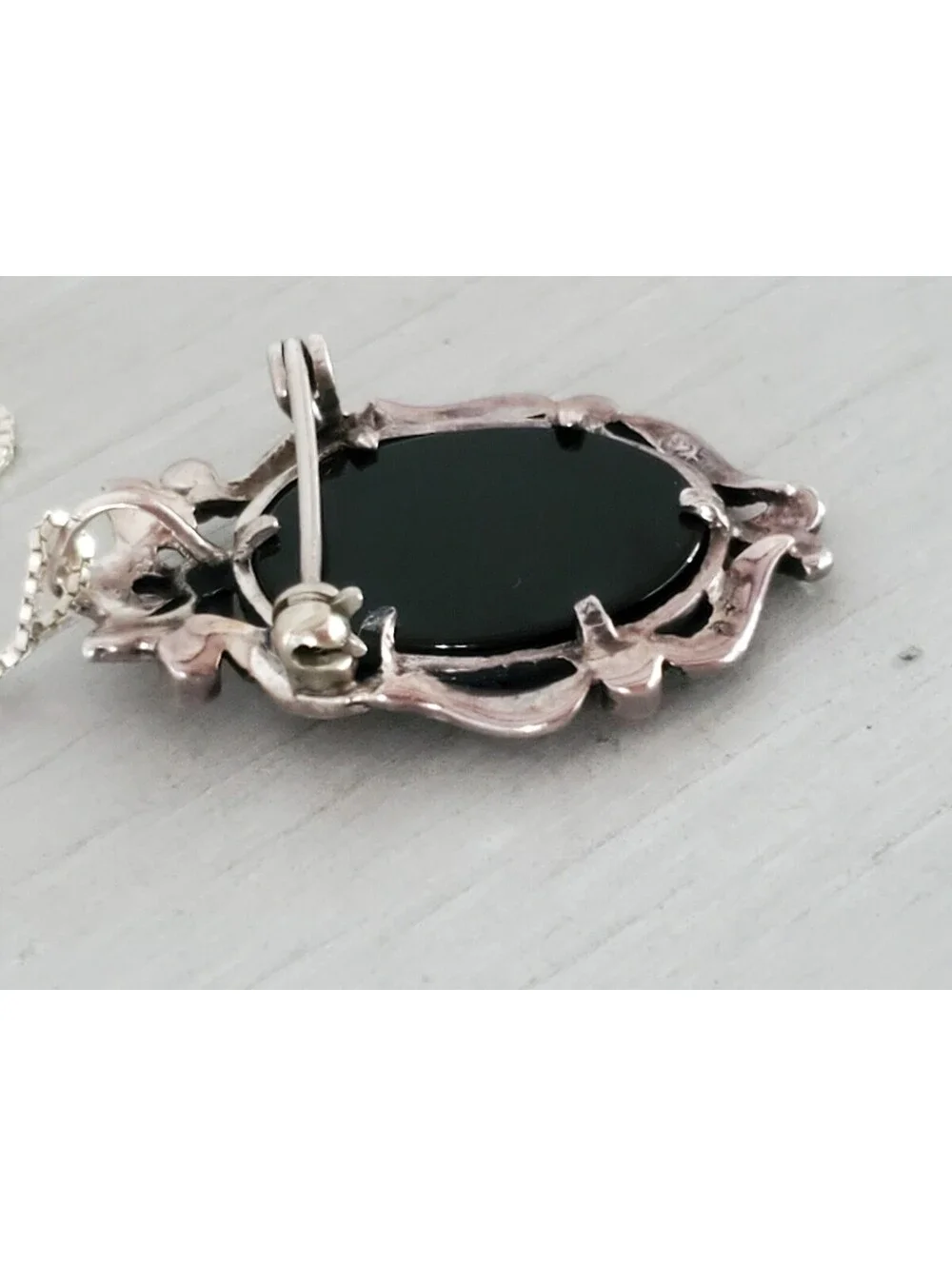 Vintage Sterling Silver Onyx Marcasite Cameo Brooch Pendant Necklace